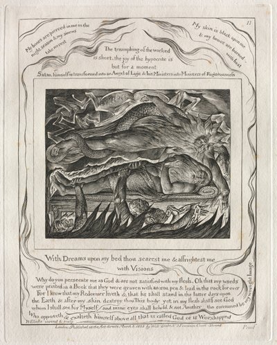 Jób könyve: Pl. 11, Álmokkal az ágyamon megijesztesz és megrémítesz..., 1825. alkotó: William Blake