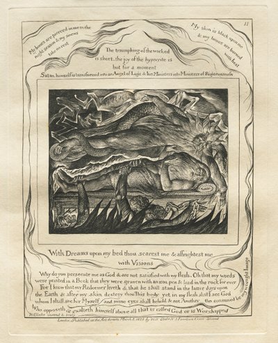 Jób könyve: Pl. 11, Álmokkal az ágyamon megijesztesz és megrémítesz..., 1825. alkotó: William Blake