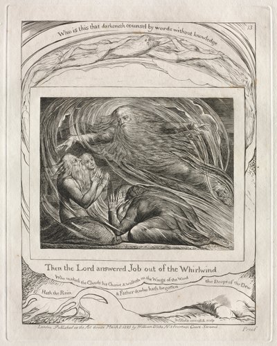 Jób könyve: Pl. 13, Akkor az Úr válaszolt Jóbnak a forgószélből alkotó: William Blake