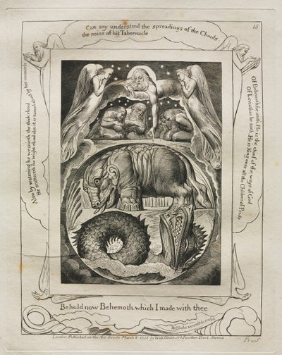 Jób könyve: Pl. 15, Íme, Behemót, amelyet veled készítettem alkotó: William Blake