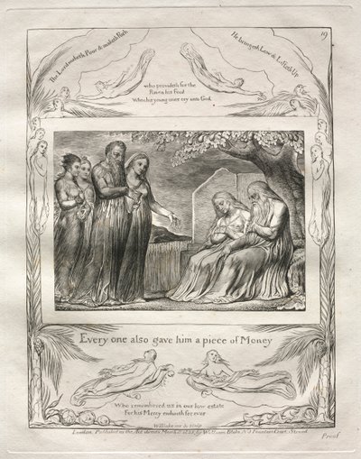 Jób könyve: Pl. 19, Mindenki adott neki egy darab pénzt, 1825. alkotó: William Blake