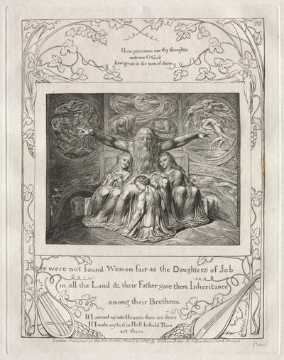 Jób könyve: Pl. 20, Nem találtak olyan szép nőket, mint Jób leányai / az egész Földön alkotó: William Blake