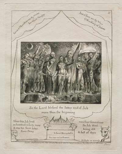 Jób könyve: Pl. 21, Tehát az Úr jobban megáldotta Jób utolsó végét, mint az 1825-öst. alkotó: William Blake