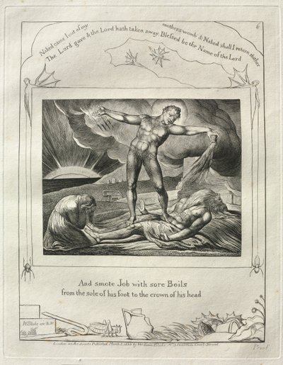 Jób könyve: Pl. 6, És megütötte Jóbot sebes keléssel a talpából..., 1825. alkotó: William Blake