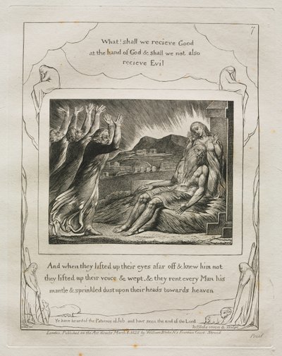 Jób könyve: Pl. 7, És amikor távolról felemelték szemüket és nem ismerték őt / felemelték hangjukat és sírtak alkotó: William Blake