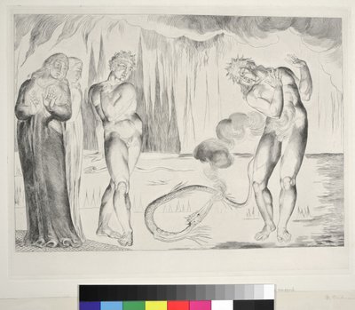 A tolvajok köre: A kígyó megtámadta Buoso Donatit, Inferno, XXV. ének, illusztráció Dante Alighieri "Isteni komédiájához", 1827. alkotó: William Blake