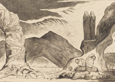 A hamisítók köre: Dante és Virgil orrát eltakarva a bűz miatt, 1827. alkotó: William Blake