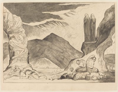 A hamisítók köre: Dante és Vergilius eltakarja az orrát a szt. alkotó: William Blake