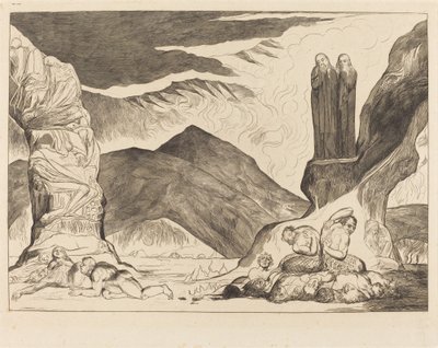 A hamisítók köre: Dante és Vergilius eltakarja az orrát a szt. alkotó: William Blake
