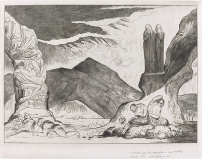 A hamisítók köre: Dante és Virgil eltakarja az orrát a bűz miatt alkotó: William Blake