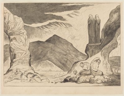 A hamisítók köre: Dante és Vergilius a bűz miatt befogják az orrukat alkotó: William Blake