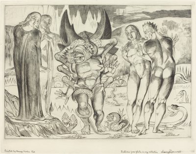 A tolvajok köre, Agnolo Brunelleschi, akit egy hatlábú kígyó támadott meg, 1827. alkotó: William Blake