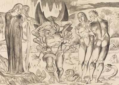 A tolvajok köre, Agnolo Brunelleschi, akit egy hatlábú kígyó támadott meg, 1827. alkotó: William Blake