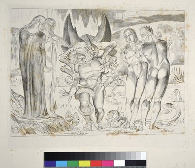 A tolvajok köre: Agnolo Brunelleschit megtámadta egy hatlábú kígyó pokol, XXV. ének, illusztráció Dante Alighieri „Isteni színjátékához” alkotó: William Blake