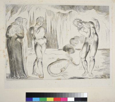 A tolvajok köre: Buoso Donati megtámadta a kígyó, Inferno, XXV. ének, illusztráció Dante Alighieri „Isteni színjátékához”, 1827-38 körül (metszet) alkotó: William Blake
