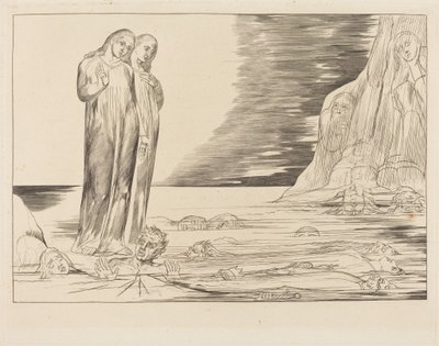 Az árulók köre; Dante lába Bocca degli Abbatét sújtja alkotó: William Blake