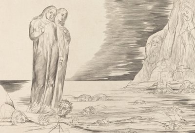 Az árulók köre, Dante lábával a Bocca degli Abbate, 1827. alkotó: William Blake