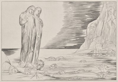 Az árulók köre: Dante lába megüti a Bocca degli Abbate-t, Dante Infernójából, XXXII. ének illusztrációja Dante Isteni színjátékáig alkotó: William Blake