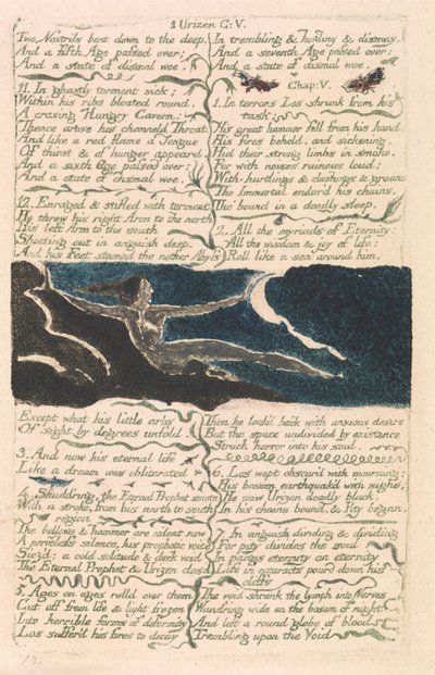 Urizen első könyve, 11. tábla: "Két orrlyuk lehajolt a mélybe..." (Bentley 13) alkotó: William Blake
