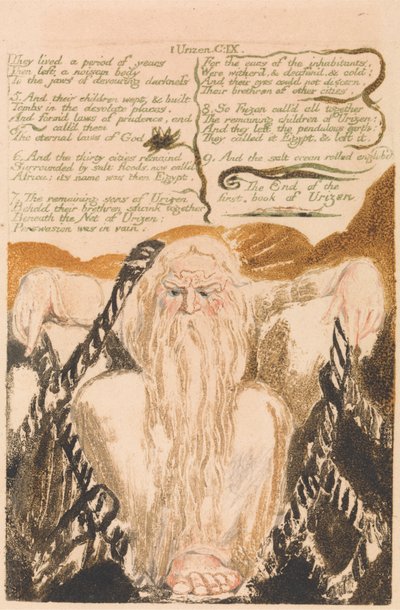 Urizen első könyve, 25. tábla: „Egy évig éltek…” (Bentley 28) alkotó: William Blake