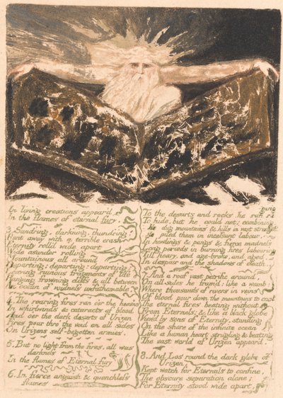 Urizen első könyve, 6. tábla: „Az élő teremtményekben megjelentek…” (Bentley 5) alkotó: William Blake