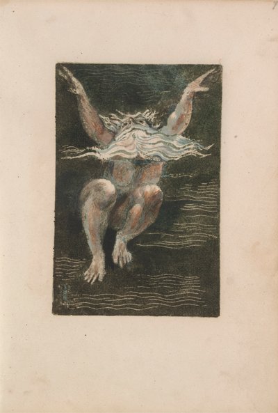 The First Book of Urizen, pl.7 (Egy meztelen férfi úszó fehér szakállal, aki mintha a mély vízben emelkedne) 1794 (színes domborművésés wc-vel) alkotó: William Blake