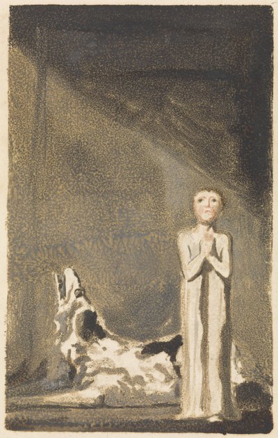 Urizen első könyve, 24. tábla, Egy fiú hosszú ruhában, összekulcsolt kezekkel áll egy kutya jobbján alkotó: William Blake
