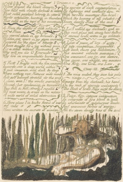 Urizen első könyve, 4. tábla, „Gyűljetek össze a sivár desartok körül...” alkotó: William Blake