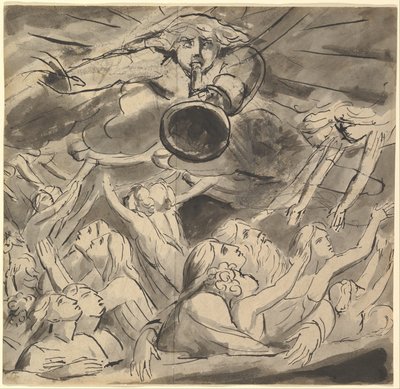 Az utolsó harsona (előlap); egy jobb szem két tanulmánya, egy nyitott szájú fiatal férfi profilja, egy sas feje és egy oroszlán feje (hátlap) alkotó: William Blake