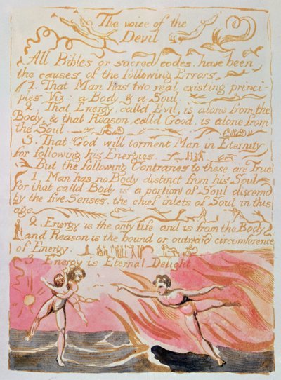 A menny és a pokol házassága; Az ördög hangja, 1790 körül (akvarellel színezett domborműves rézkarc) alkotó: William Blake