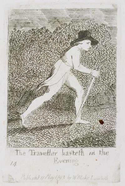 Az utazó siet az esti órákban, 15. lemez a „Gyermekeknek” c. A Paradicsom kapui”, 1793 alkotó: William Blake