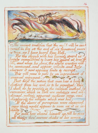 "Az ősi hagyomány..., illusztráció és szöveg a "Menny és pokol házasságából", 1790-3 körül (tollal és akvarellel készült dombormetszet). alkotó: William Blake