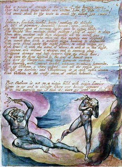 Albion lányainak látomásai: "És az örökkévalóság palotája...", 8. tábla, 1793-ban tervezték, 1815 körül készült el (domborműves rézkarc tollal és akvarellel papíron) alkotó: William Blake