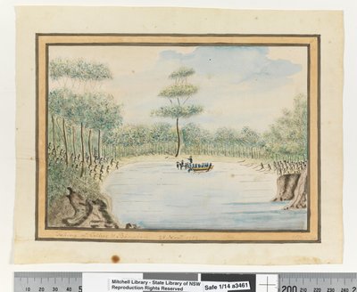 Opp. p. 182. „Colbee és Benalon felvétele. 1789. november 25., 1802 körül (akvarell) alkotó: William Bradley