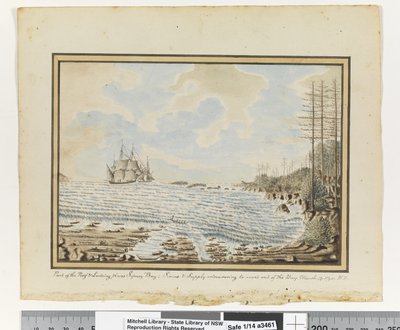 Opp. p. 194. „A zátony egy része és a Sydney-öböl leszállóhelyei; A Sirius & Supply arra törekszik, hogy az öbölből kikerüljön. 1790. március 19., 1802 körül (akvarell) alkotó: William Bradley