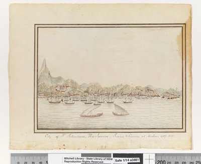 Opp. p. 37. `St. Sebastians városa, Rio Janeiro: Sirius & Convoy at Anchor. 1787