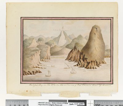 Opp. p. 38. „Megerősített öböl a nyugati oldalon, a brazil Rio Janeiro-part bejáratánál”, 1802 körül (akvarell) alkotó: William Bradley