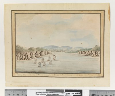 Opp. p. 56. `Botany Bay. A Sirius & Convoy beszáll: Ellátási és Ügynöki osztály az öbölben. 1788. január 21., 1802 körül (akvarell) alkotó: William Bradley