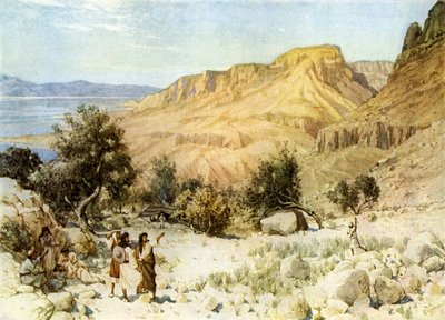 Dávid tábora Ein Gediben, ahol elrejtőzött - Biblia alkotó: William Brassey Hole