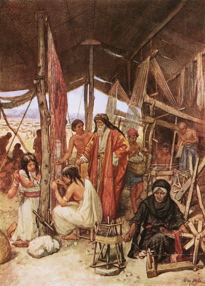 Mózes a Tabernákulum függönyeinek szövését és hímzését vizsgálja alkotó: William Brassey Hole
