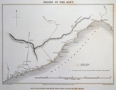 A Tengeri Alpok hágóinak térképe, Genova és Nizza közötti tengerparti út, William Brockedon (1787-1854) rézmetszetének illusztrációiból: Illusztrációk az Alpok hágóiról, amelyeken Olaszország kommunikál Franciaországgal, Svájccal és Németországgal alkotó: William Brockedon