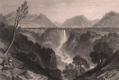 Kilátás a Marmore-vízesésre (Cascata delle Marmore) Terni közelében, Umbria, Olaszország, James Tibbitts Willmore (1800-1863) acélmetszete William Brockedon (1787-1854) rajza alapján, kb. 23x18,5 cm alkotó: William Brockedon