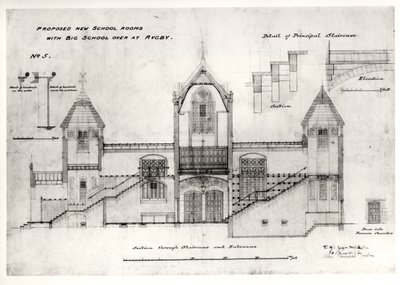 Részletek a bejáratokról, lépcsőkről, kemencekamra ajtajáról és kapaszkodóiról, (New Big School), Rugby School, 1844 (fekete tinta, ceruza és WC) alkotó: William Butterfield
