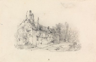 Parasztház templommal a távolban alkotó: William Callow