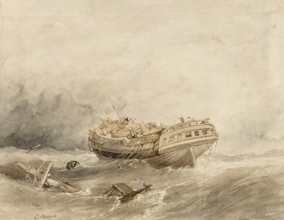 Egy kereskedelmi hajó kisiklik a vihart követő szélcsendben. Clarkson Stanfield (1793-1867) akvarellje (34,4x44,5 cm). alkotó: William Clarkson Stanfield