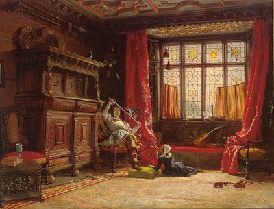 Egy lovas sötét belsőben, madár a kardján, 1843 alkotó: William Collingwood