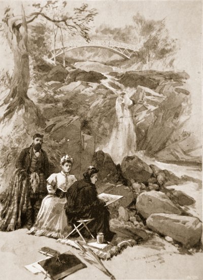 Viktória királynő, mint művész: Őfelsége a Garrawalt-vízesést vázolja, Braemar alkotó: William Crimea Simpson