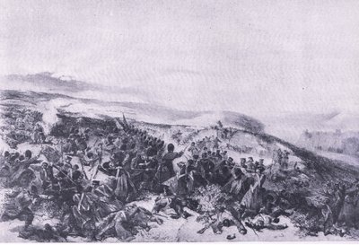 A gárda második rohama, amikor visszafoglalták a két lövegüteget az inkermani csatában, illusztráció a brit szárazföldi és tengeri csatákból, 1915 alkotó: William Crimea Simpson