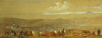 A Krím: Sebastopol panoráma a katonai táborokkal és a kikötővel; és Inkerman panorámaképe, amely egy katonai tábort és lovasságot mutat hajnalban, alkotó: William Crimea Simpson