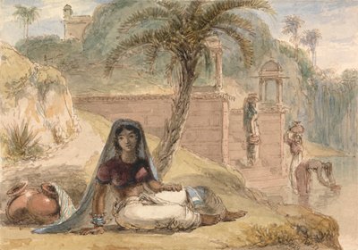 Indiai lány ül a folyó mellett alkotó: William Daniell